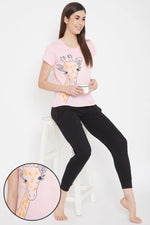 Giraffe Print Top in Peach-Pink & Solid Pyjama in Black - 100% Cotton