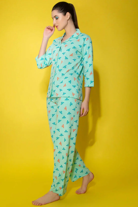 Bug Print Button Down Shirt & Pyjama Set in Sky Blue - 100% Cotton