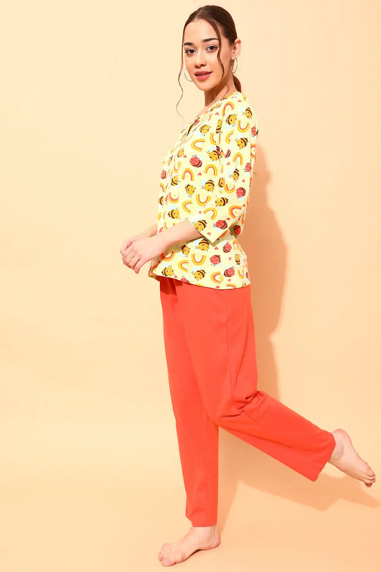 Bee Print Top in Mint Green & Chic Basic Pyjama in Orange - 100% Cotton