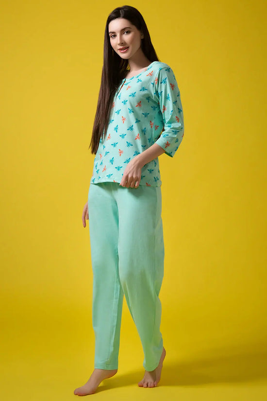 Fly Print Top & Solid Pyjama Set in Sky Blue - 100% Cotton