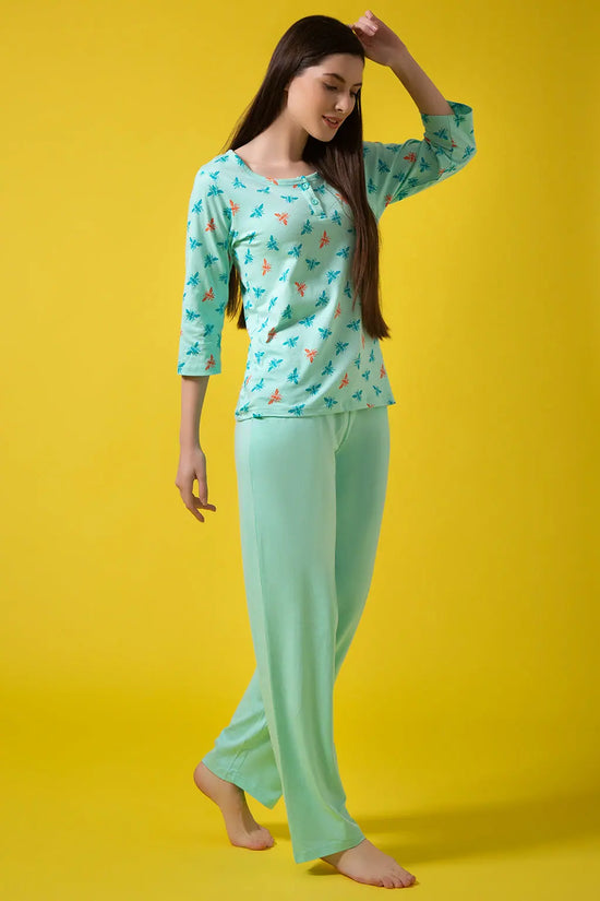 Fly Print Top & Solid Pyjama Set in Sky Blue - 100% Cotton