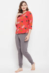 Cactus Print Top in Red & Chic Basic Joggers in Grey - 100% Cotton