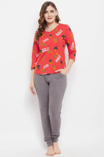 Cactus Print Top in Red & Chic Basic Joggers in Grey - 100% Cotton