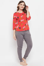 Cactus Print Top in Red & Chic Basic Joggers in Grey - 100% Cotton