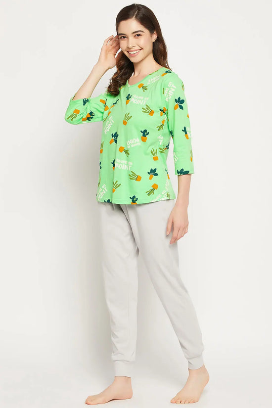 Cactus Print Top in Seafoam Green & Chic Basic Joggers in Grey - 100% Cotton