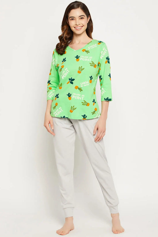 Cactus Print Top in Seafoam Green & Chic Basic Joggers in Grey - 100% Cotton