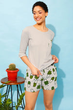 Chic Basic Top & Cactus Print Shorts in Light Grey - 100% Cotton