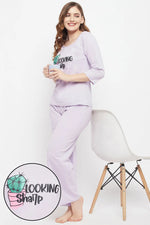 Cactus Print Top & Pyjama Set in Lilac - 100% Cotton