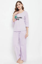 Cactus Print Top & Pyjama Set in Lilac - 100% Cotton