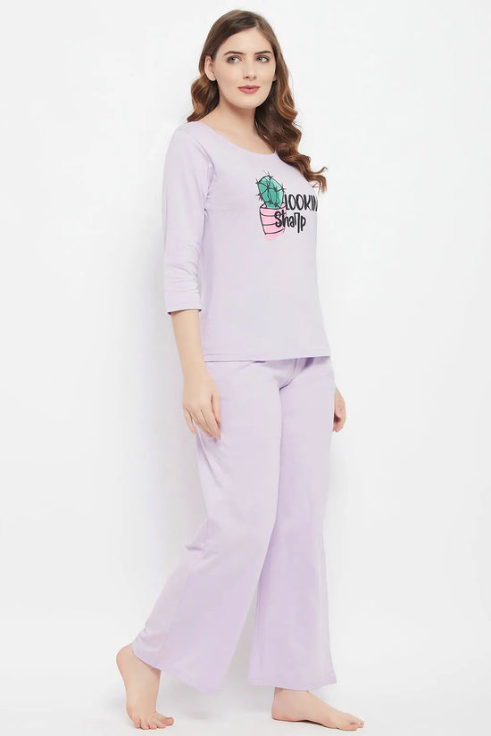 Cactus Print Top & Pyjama Set in Lilac - 100% Cotton