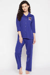 Halloween Print Button Down Shirt & Pyjama Set in Royal Blue - 100% Cotton