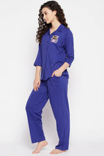 Halloween Print Button Down Shirt & Pyjama Set in Royal Blue - 100% Cotton