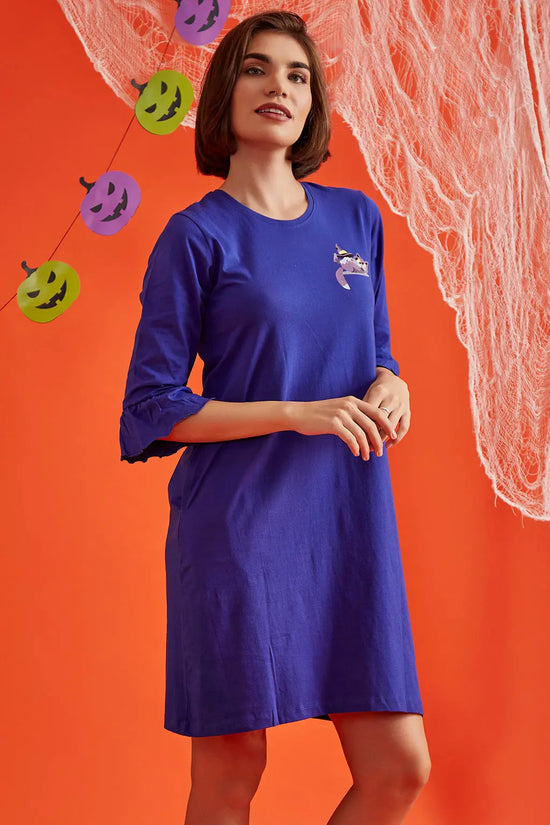 Halloween Print Short Night Dress in Royal Blue - 100% Cotton