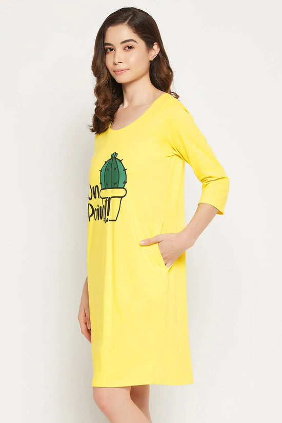 Cactus Print Short Night Dress in Yellow - 100% Cotton