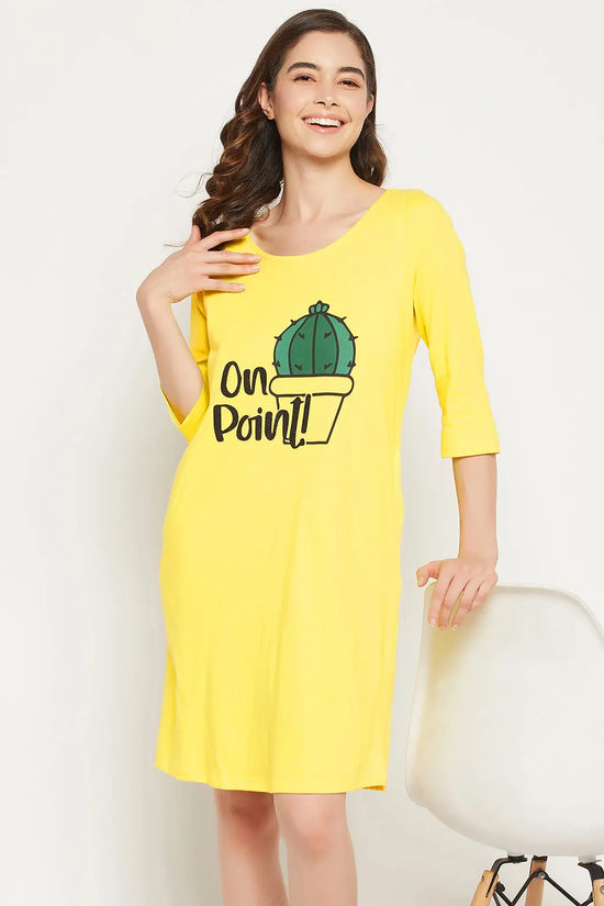 Cactus Print Short Night Dress in Yellow - 100% Cotton