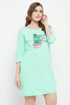 Cactus Print Short Night Dress in Seafoam Green - 100% Cotton