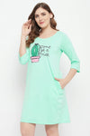 Cactus Print Short Night Dress in Seafoam Green - 100% Cotton