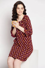 Butterfly Print Short Night Dress in Plum Colour - 100% Cotton