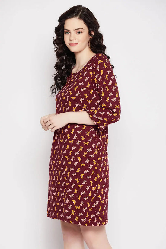 Butterfly Print Short Night Dress in Plum Colour - 100% Cotton