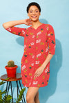 Cactus Print Button Me Up Night Dress in Coral Red - 100% Cotton