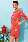 Cactus Print Button Me Up Night Dress in Coral Red - 100% Cotton