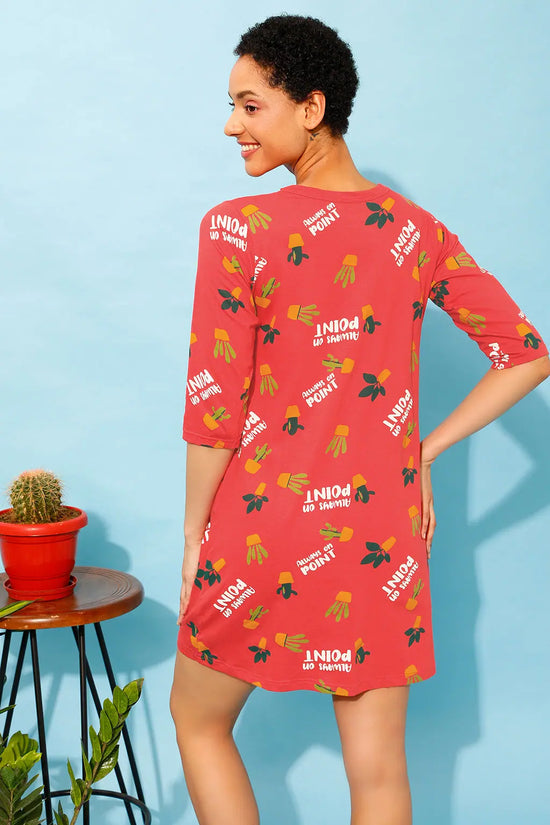 Cactus Print Button Me Up Night Dress in Coral Red - 100% Cotton