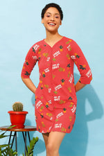 Cactus Print Button Me Up Night Dress in Coral Red - 100% Cotton