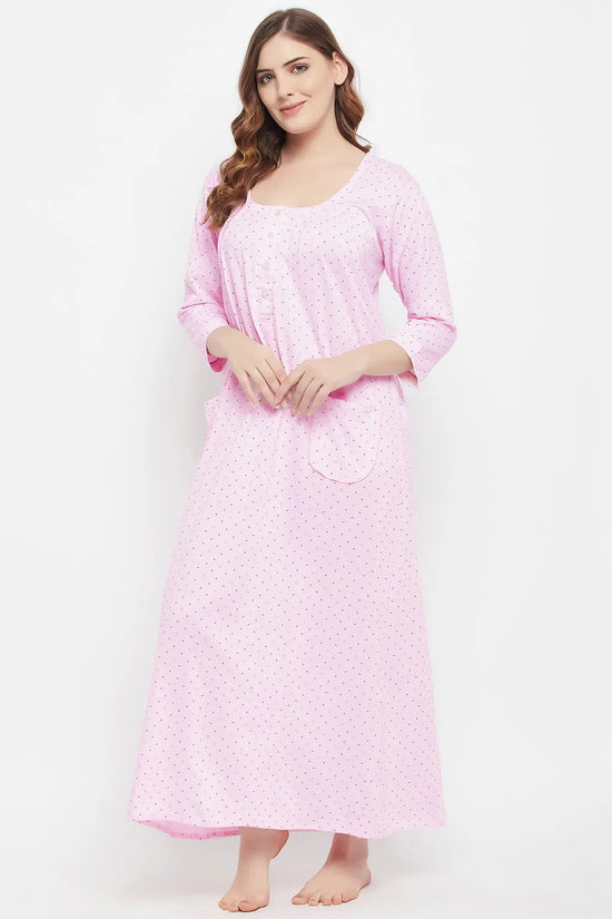 Print Me Pretty Long Nighty in Baby Pink - Cotton Rich