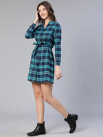 All Green Brush Check Belted Women Dress