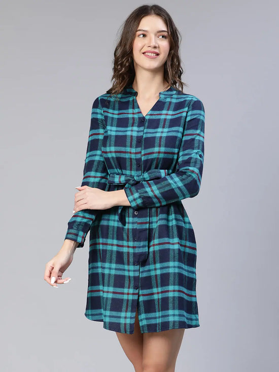 All Green Brush Check Belted Women Dress