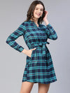 All Green Brush Check Belted Women Dress