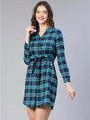 All Green Brush Check Belted Women Dress