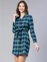 All Green Brush Check Belted Women Dress