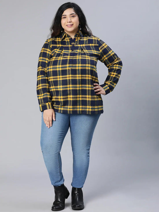 Seemed Navy Blue Brush Check Plus Size Women Top