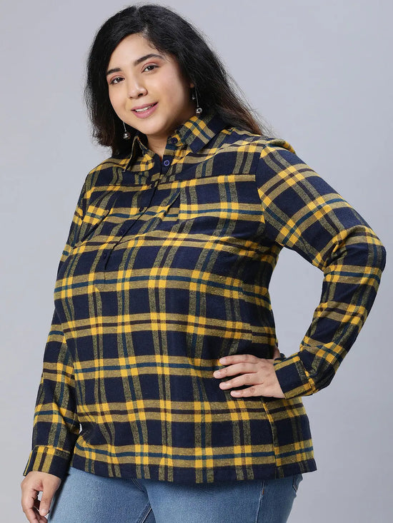 Seemed Navy Blue Brush Check Plus Size Women Top