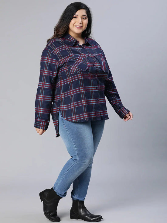 Astonish Navy Blue Check Print Plus Size Women Shirt