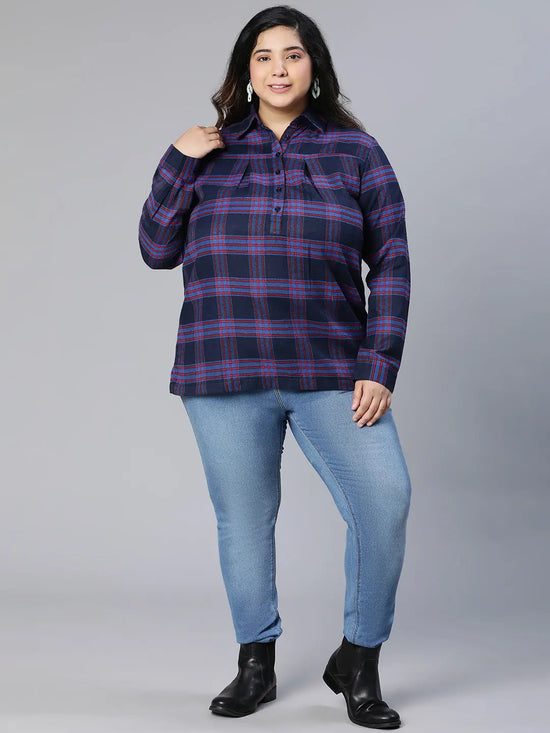 Clare Navy Blue Brush Check Plus Size Women Top