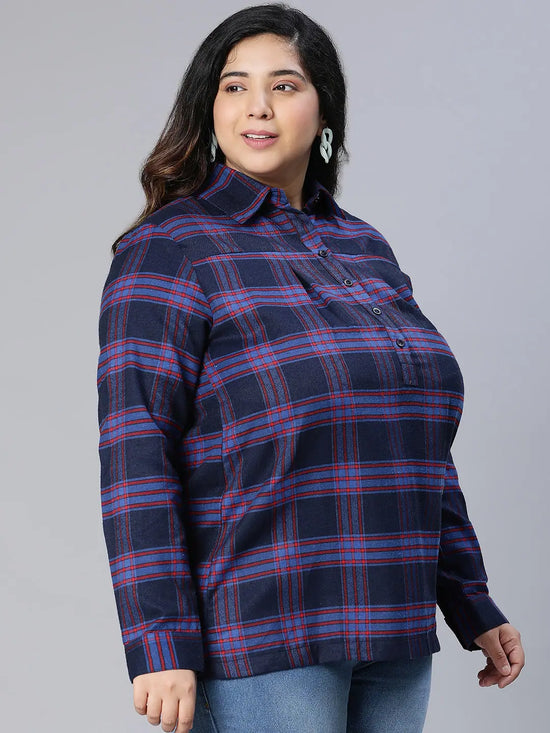 Clare Navy Blue Brush Check Plus Size Women Top