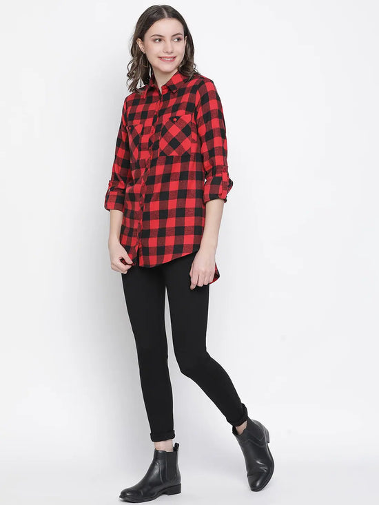 Shelled red check print women shirt