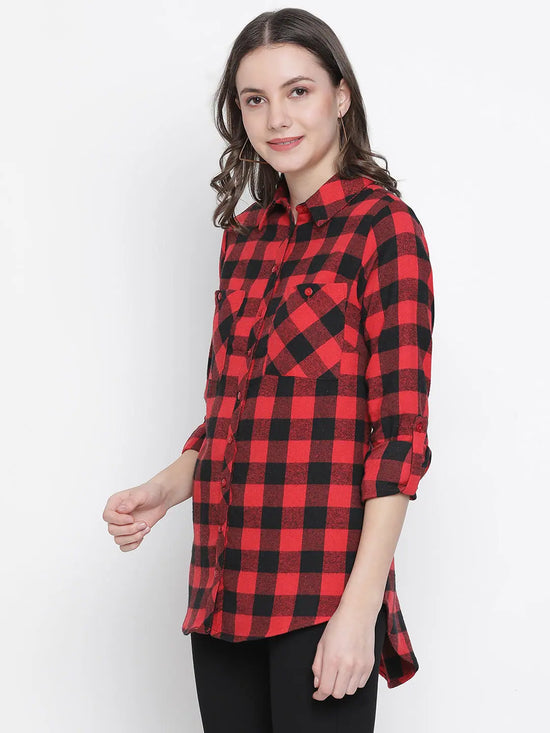 Shelled red check print women shirt