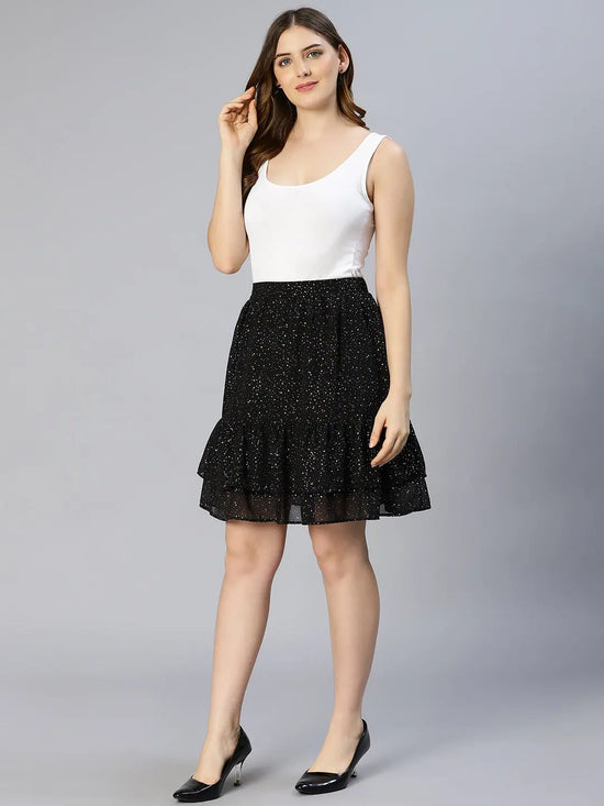 Aglow Black Foil Print Elasticated Frill Women Skirt