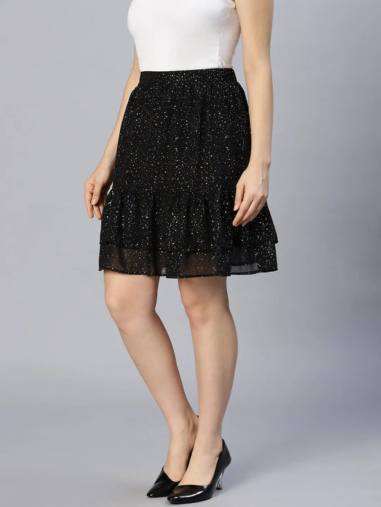 Aglow Black Foil Print Elasticated Frill Women Skirt