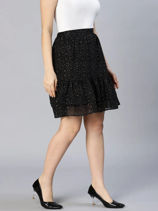 Aglow Black Foil Print Elasticated Frill Women Skirt