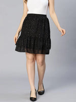 Aglow Black Foil Print Elasticated Frill Women Skirt