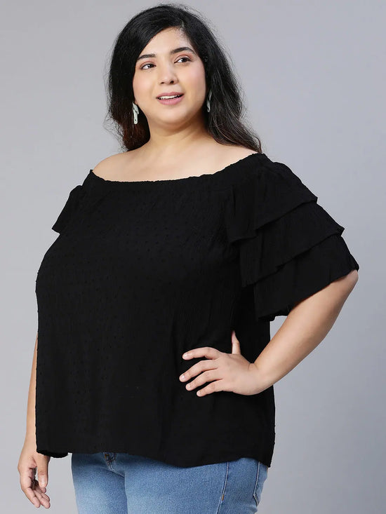 Saga Black Ruffle Bardot Women Plus Size Partywear Top