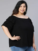 Saga Black Ruffle Bardot Women Plus Size Partywear Top