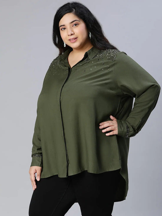 Khaki Color Plain Women Plus Partywear Size Shirt