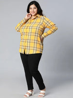 Shelled Yellow Brush Check Plus Size Women Cotton Shirt