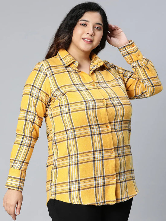 Shelled Yellow Brush Check Plus Size Women Cotton Shirt