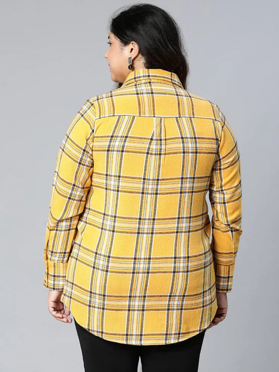 Shelled Yellow Brush Check Plus Size Women Cotton Shirt